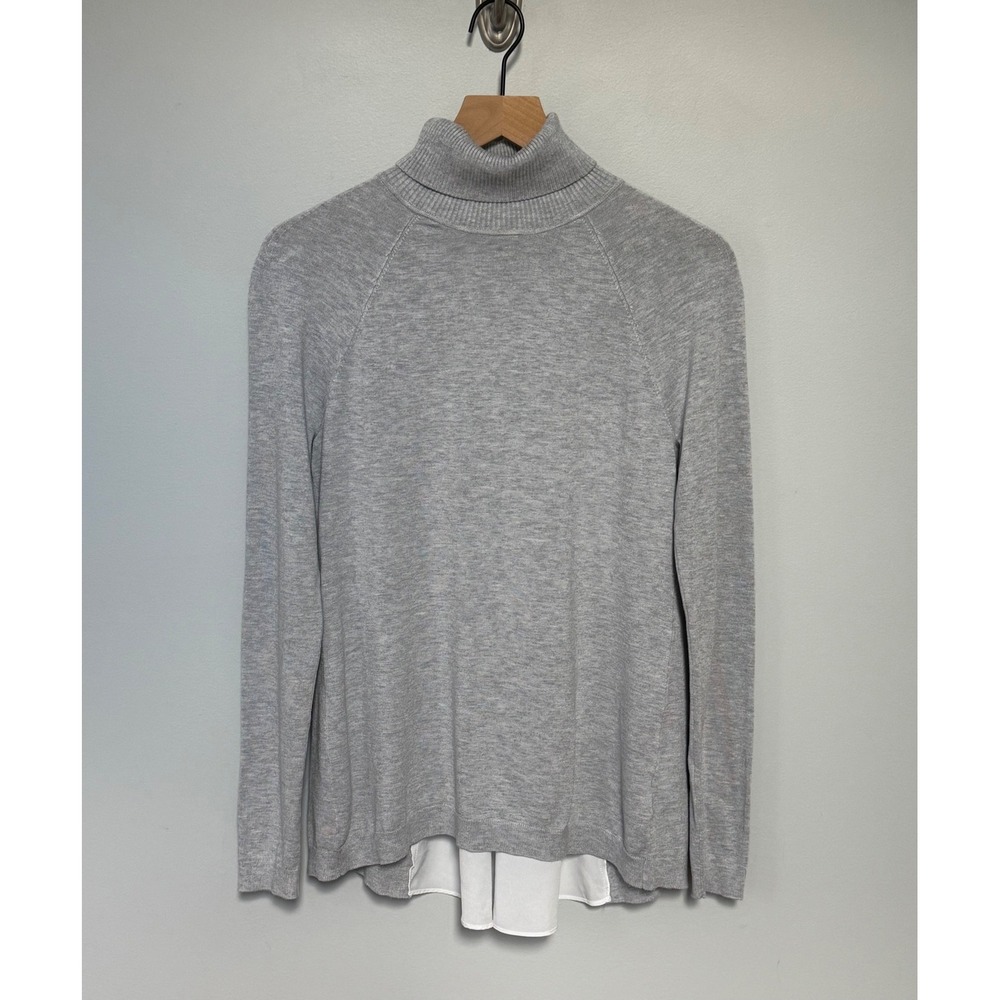 White House Black Market Gray Turtleneck Sweater Chiffon Inset Hem Size Medium